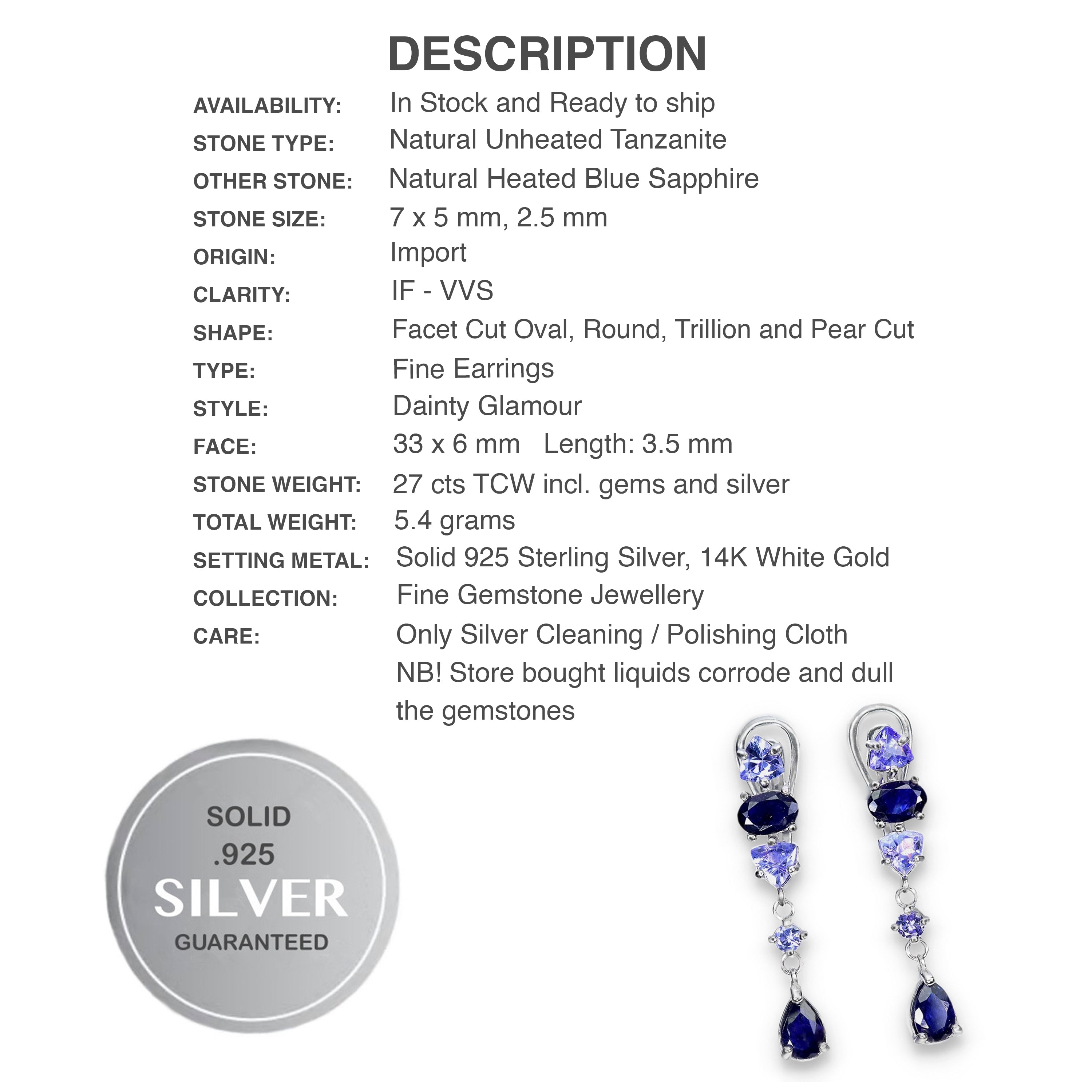 Natural Unheated Tanzanite, Blue Sapphire in Solid 925 Sterling Silver 14K White gold Earrings