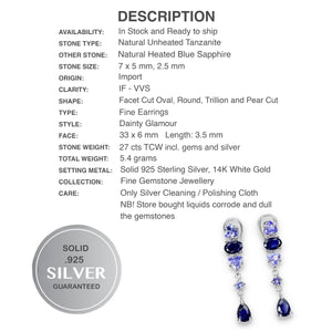 Natural Unheated Tanzanite, Blue Sapphire in Solid 925 Sterling Silver 14K White gold Earrings