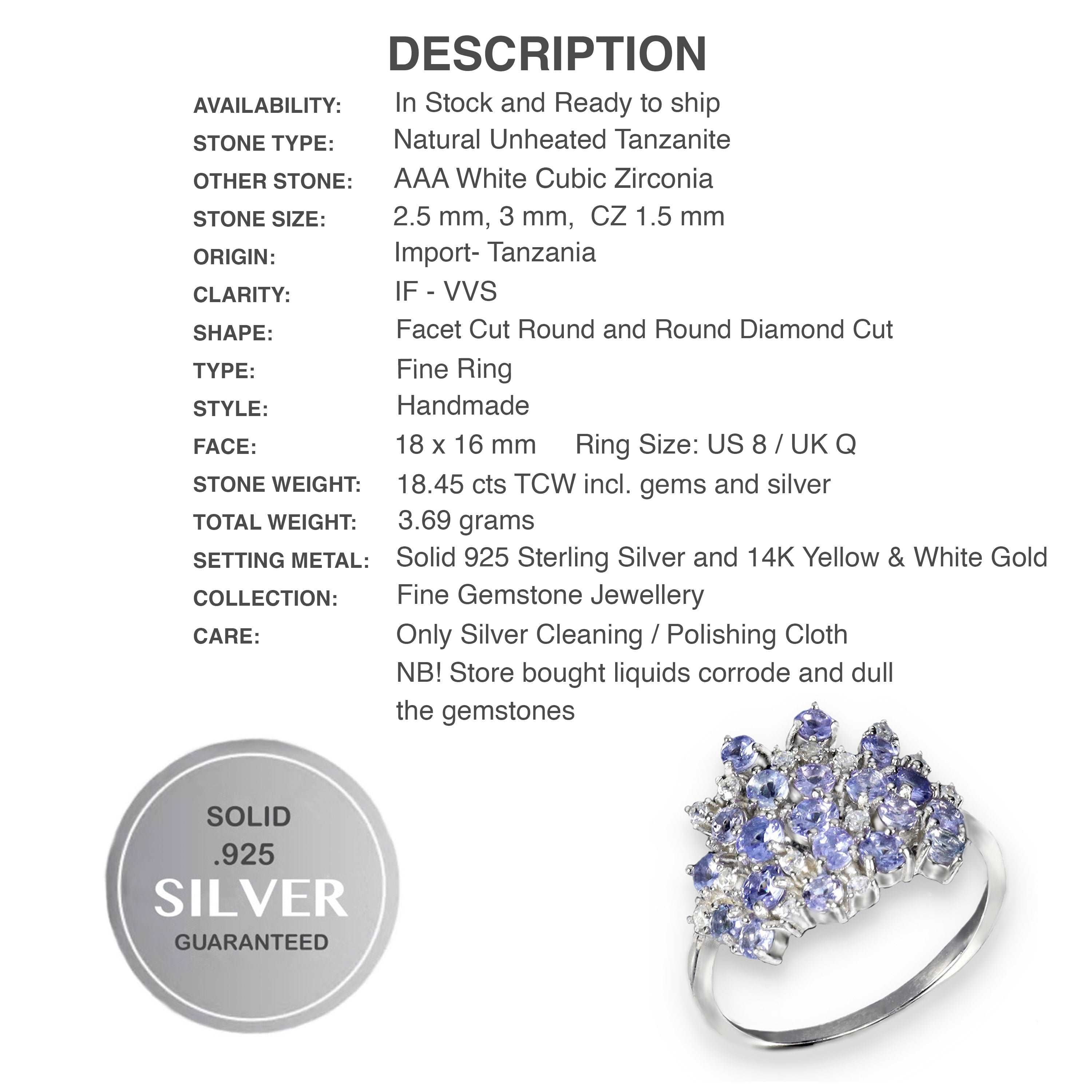 Natural Unheated Tanzanite and AAA White Cubic Zirconia Ring in Solid .925 Silver Size US 8 /Q