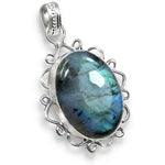 Natural Labradorite Oval Gemstone .925 Silver Antique Style Pendant