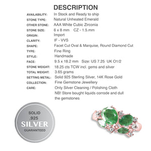 Natural Brazilian Emerald Ovals and AAA White Cubic Zirconia Solid .925 Silver White gold Ring Size 7.25 OR O1/2