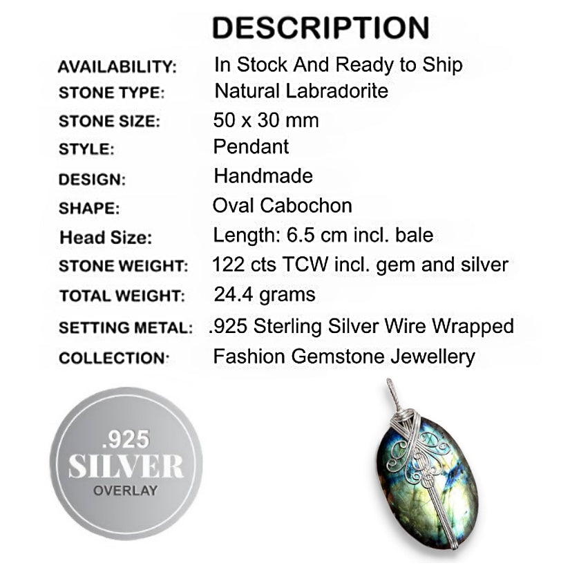 Natural Bright Labradorescent Labradorite Oval Gemstone .925 Sterling Silver Pendant