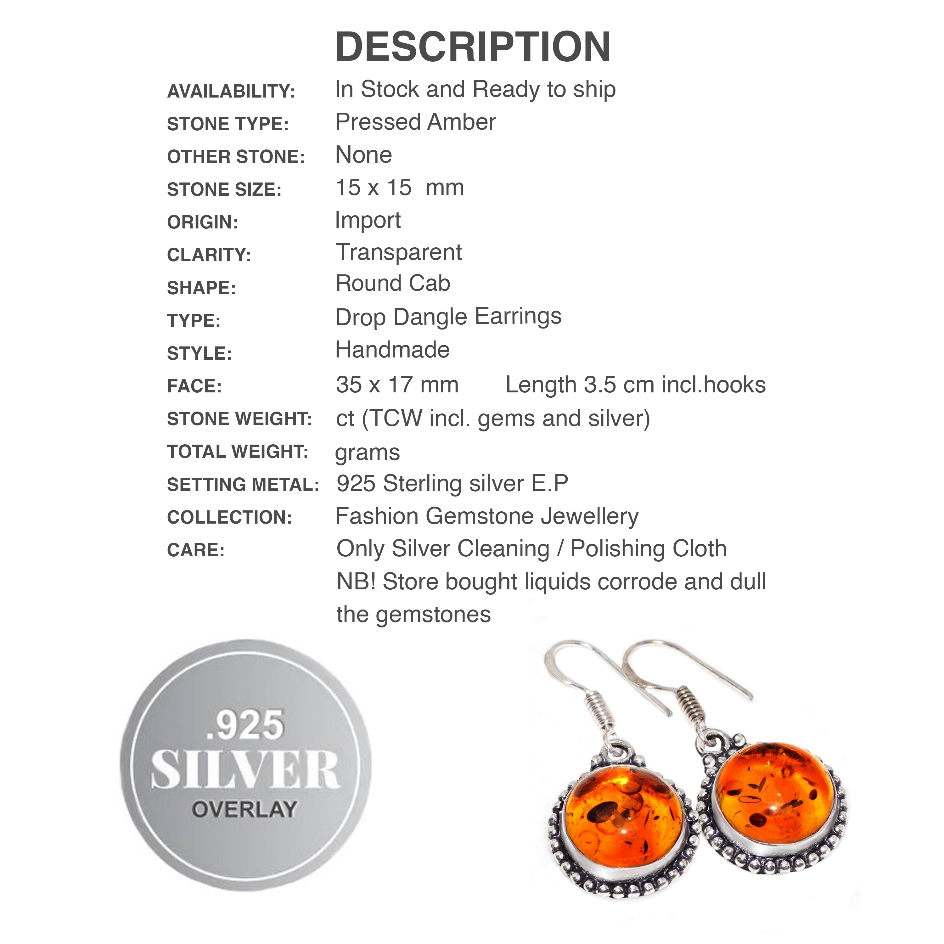 Handmade Pressed Amber Round Shape set In .925 Silver Earrings Amber Gemstone In .925 Silver Earrings