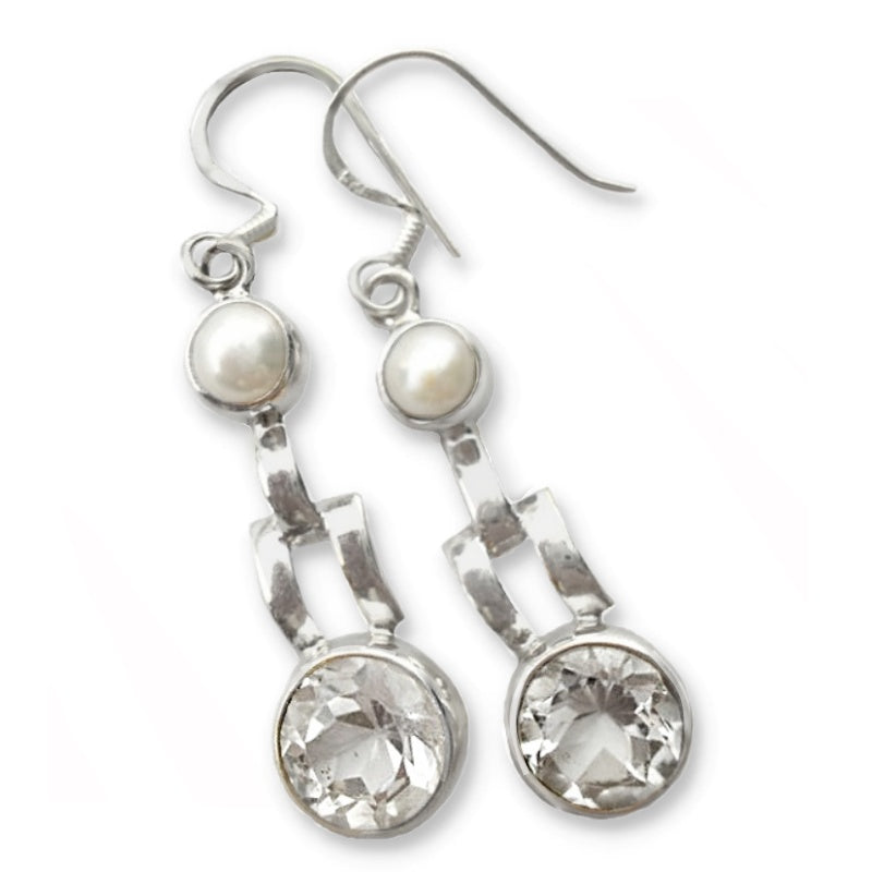 Natural White Topaz and White Pearl set in Solid .925 Sterling Silver Earrings