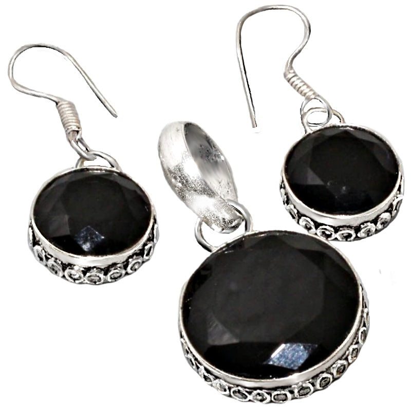 Natural Faceted Black Onyx .925 Silver Pendant & Earrings Set