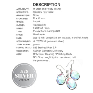 Handmade Rainbow Fire Topaz Gemstone .925 Sterling Silver Pendant and Earrings Set