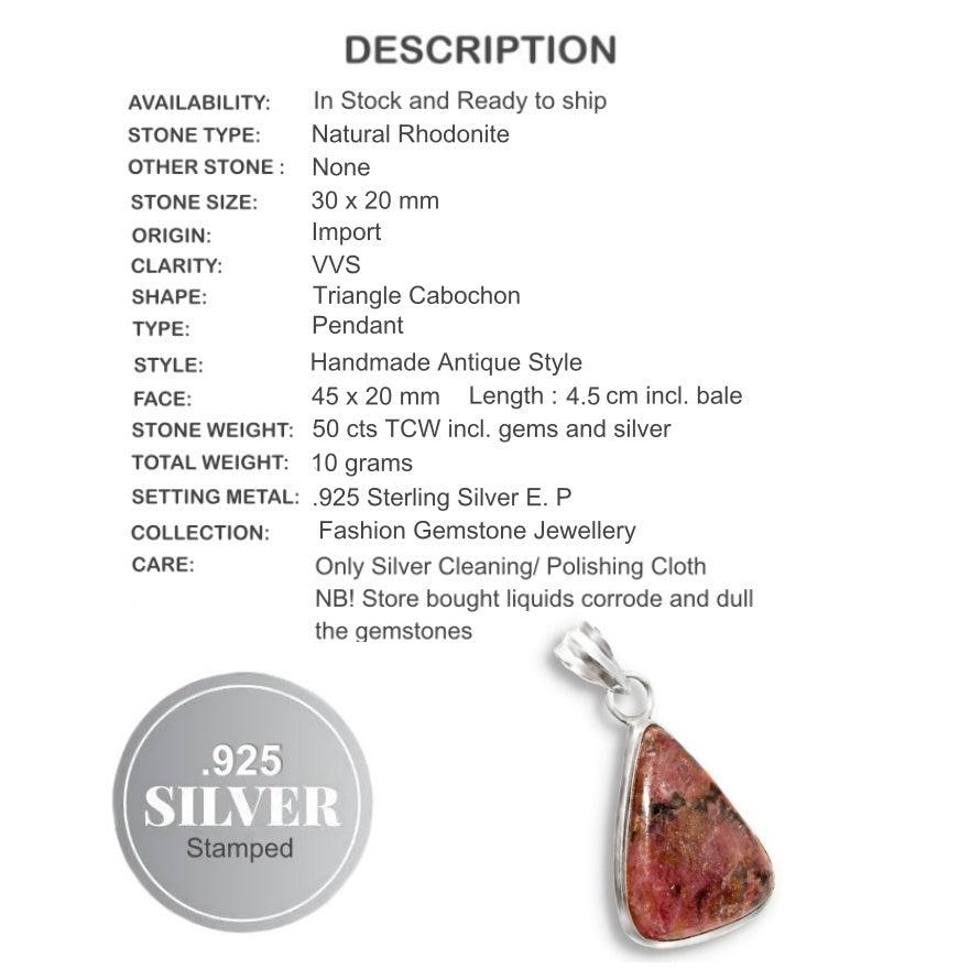 Handmade Natural Rhodonite Gemstone 925 Silver Pendant