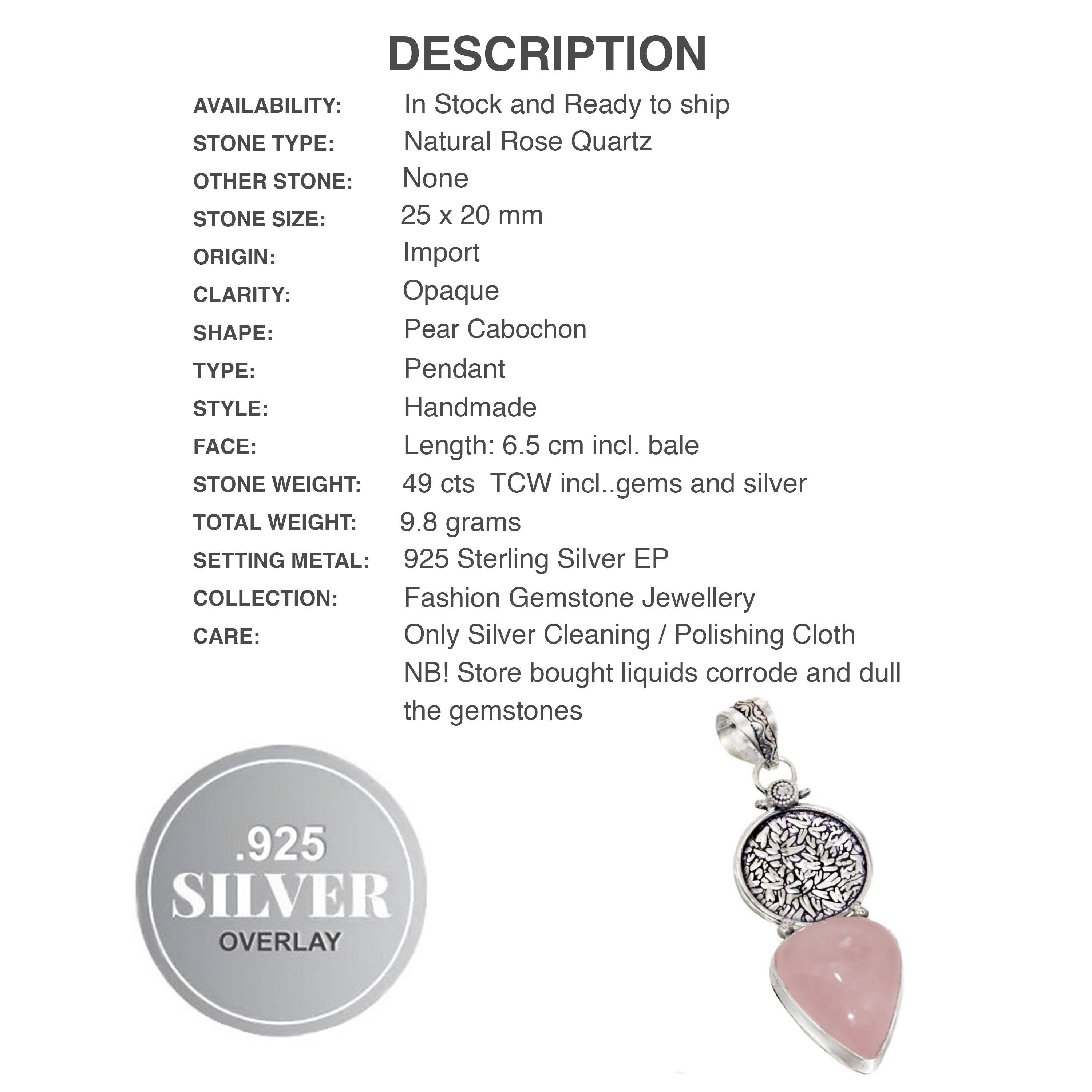 Natural Rose Quartz With Leaf Embossed Disk .925 Sterling Silver Pendant