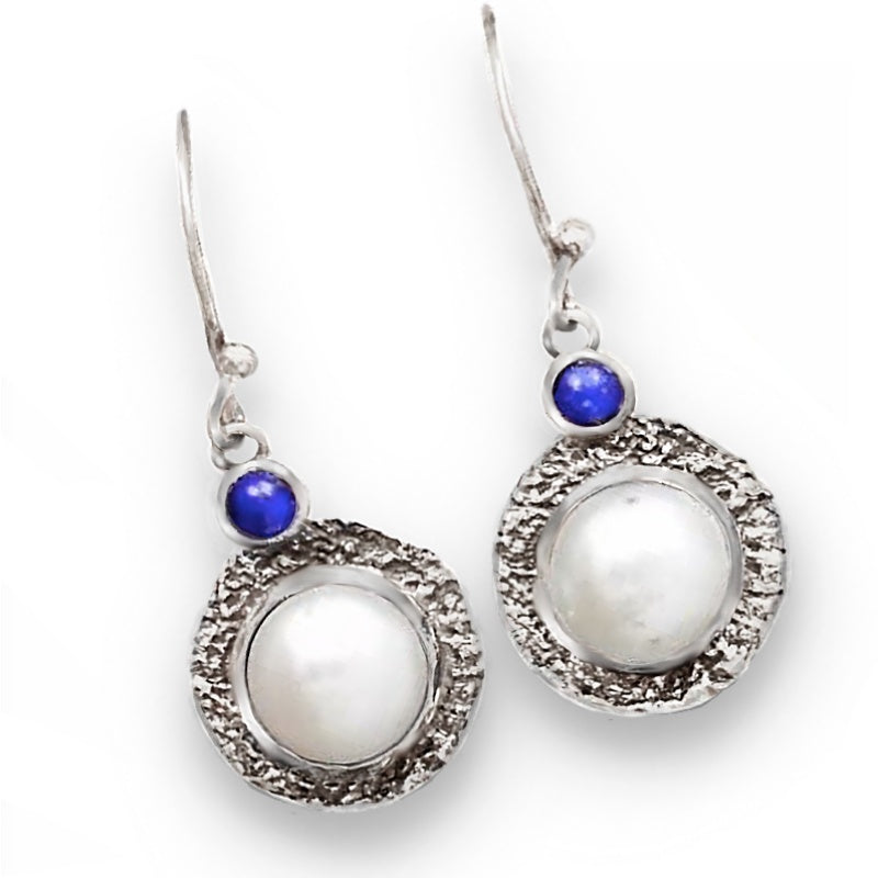 Israeli- Natural Freshwater White Pearl , Lapis Lazuli Solid .925 Sterling Silver Earrings