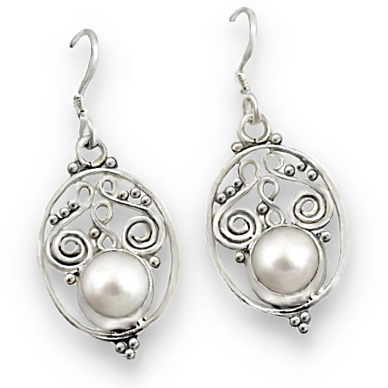 Indonesian Bali- Natural Freshwater White Pearl , Solid .925 Sterling Silver Earrings