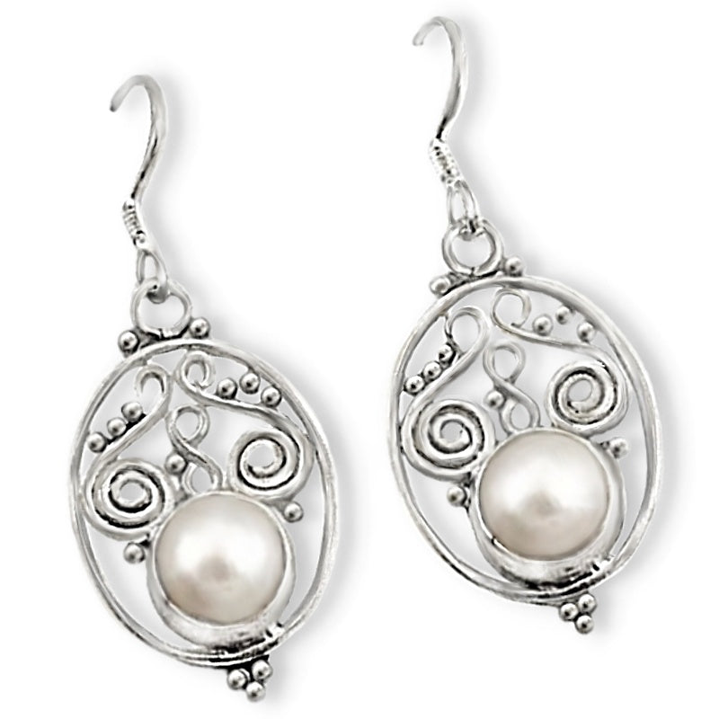 Indonesian Bali- Natural Freshwater White Pearl , Solid .925 Sterling Silver Earrings