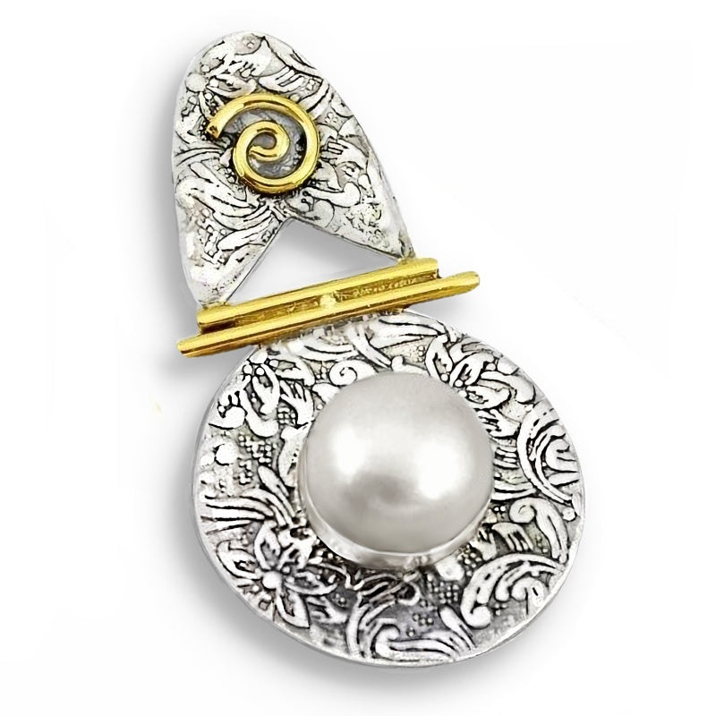 Two Tone Natural White Pearl Solid .925 Sterling Silver Pendant