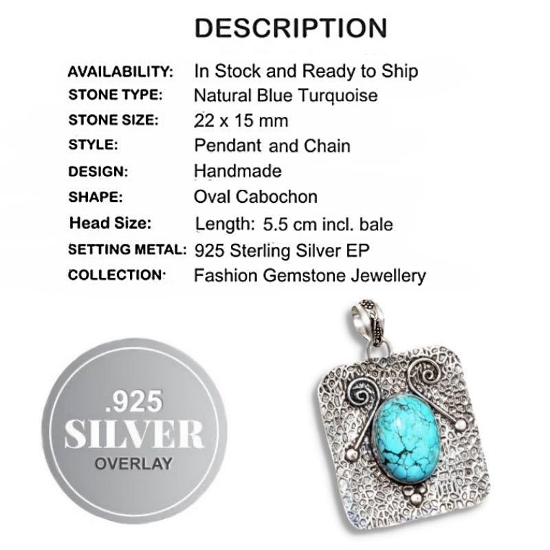 Natural Blue Turquoise Gemstone 925 Silver Pendant and Chain