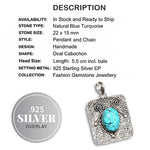 Natural Blue Turquoise Gemstone 925 Silver Pendant and Chain