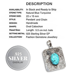 Natural Blue Turquoise Gemstone 925 Silver Pendant and Chain