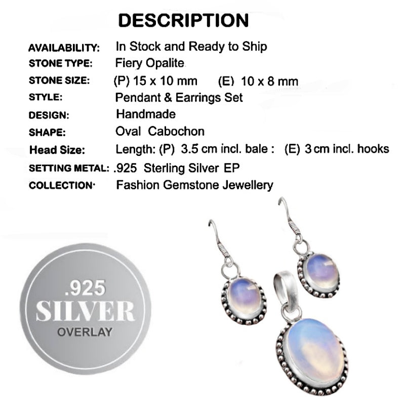 Fiery Opalite Oval .925 Silver Pendant And Earrings Set