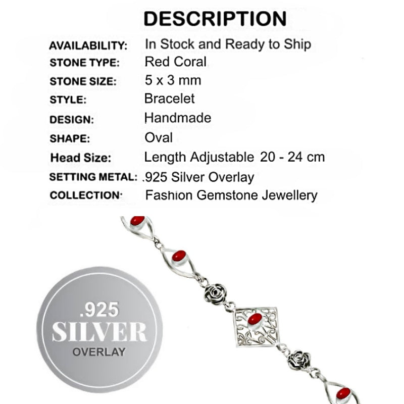 Dainty Red Coral Gemstone .925 Silver Plated Bracelet