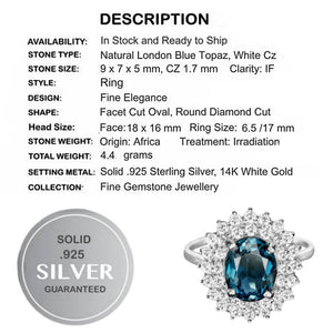 Deluxe 9 x 7 mm Natural London Blue Topaz White Cz Solid .925 Sterling Silver Size US 6.5 or N