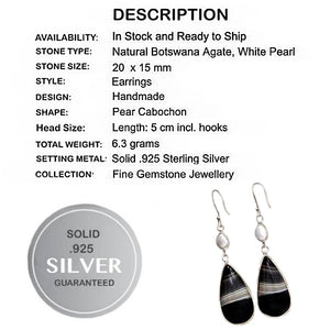 Natural Botswana Agate, Pearl Gemstone Solid.925 Sterling Silver Earrings