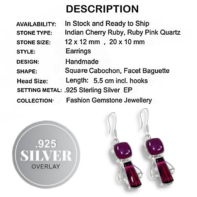 Handmade Indian Cherry Red Ruby Pink Red Ruby Quartz  Baguette Earrings Set in .925 Silver