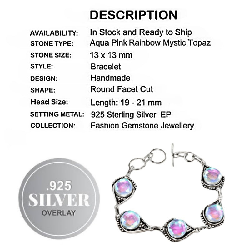 Aqua Pink Rainbow Mystic Topaz Gemstone .925 Sterling Silver Bracelet