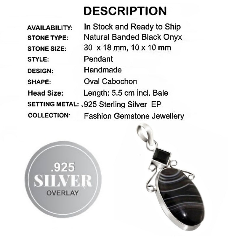 Natural Banded Black Onyx Gemstone .925 Silver Pendant