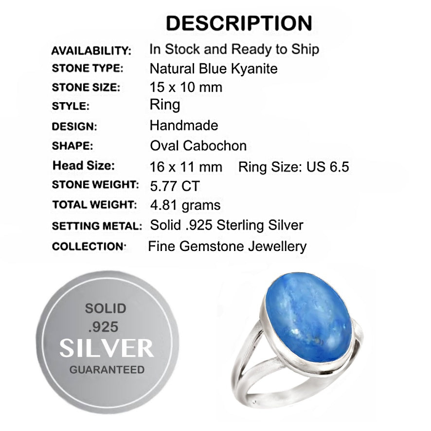 5.77 cts Natural Blue Kyanite Gemstone Solid .925 Sterling Silver Ring Size US 6.5