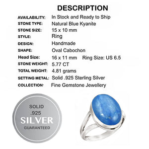 5.77 cts Natural Blue Kyanite Gemstone Solid .925 Sterling Silver Ring Size US 6.5