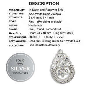 30.60 Cts Natural White Cubic Zirconia Solid .925 Silver Ring Size 9