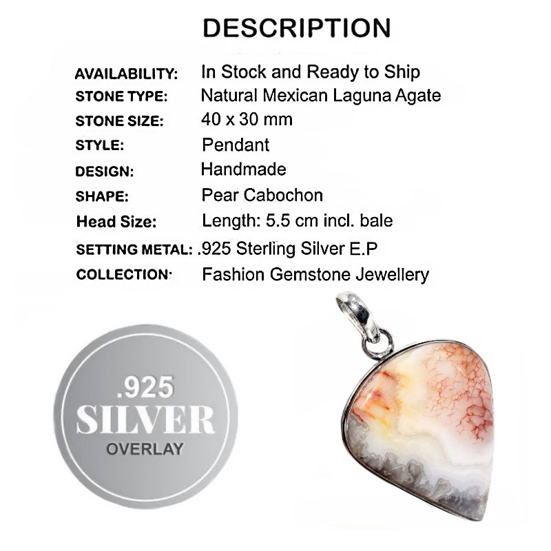 Natural Mexican Laguna Agate Gemstone.925 Sterling Silver Pendant