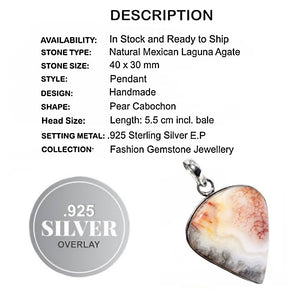 Natural Mexican Laguna Agate Gemstone.925 Sterling Silver Pendant