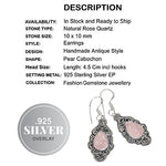 Handmade Rose Quartz Pear Gemstone Antique Setting  .925 Silver Earrings