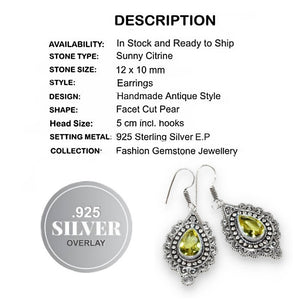 Handmade Antique Style Citrine Pear Gemstone .925 Silver Earrings