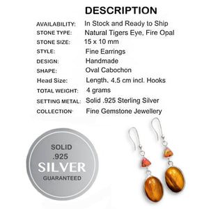 Natural Tigers Eye, Fire Opal Solid .925 Sterling Silver Earrings