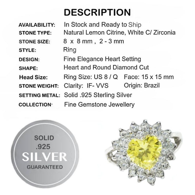 Handmade Natural Lemon Citrine, White Cubic Zirconia Solid .925 Silver Ring Size US 8  orQ