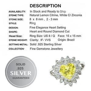 Handmade Natural Lemon Citrine, White Cubic Zirconia Solid .925 Silver Ring Size US 8  orQ