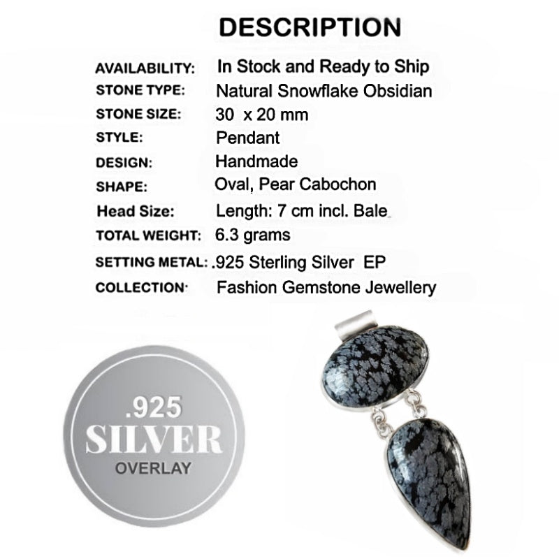 Natural Snowflake Obsidian .925 Sterling Silver Pendant