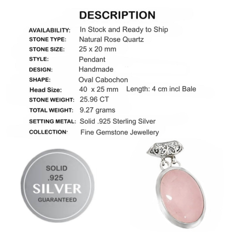25.96 cts Natural Rose Quartz Solid.925 Sterling Silver Pendant
