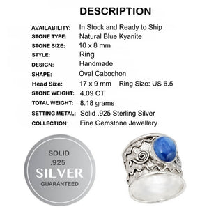 4.09 cts Natural Blue Kyanite Gemstone Solid .925 Sterling Silver Ring Size US 6.5