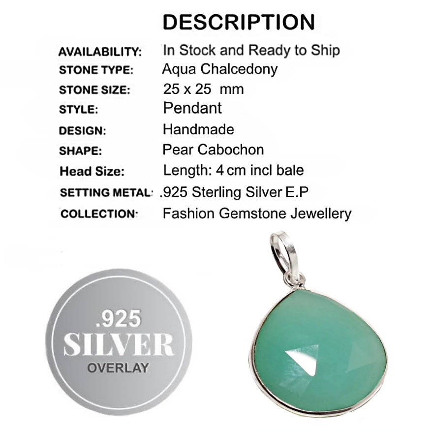 Handmade Faceted Green Chalcedony Pear Shape Gemstone .925 Silver Pendant