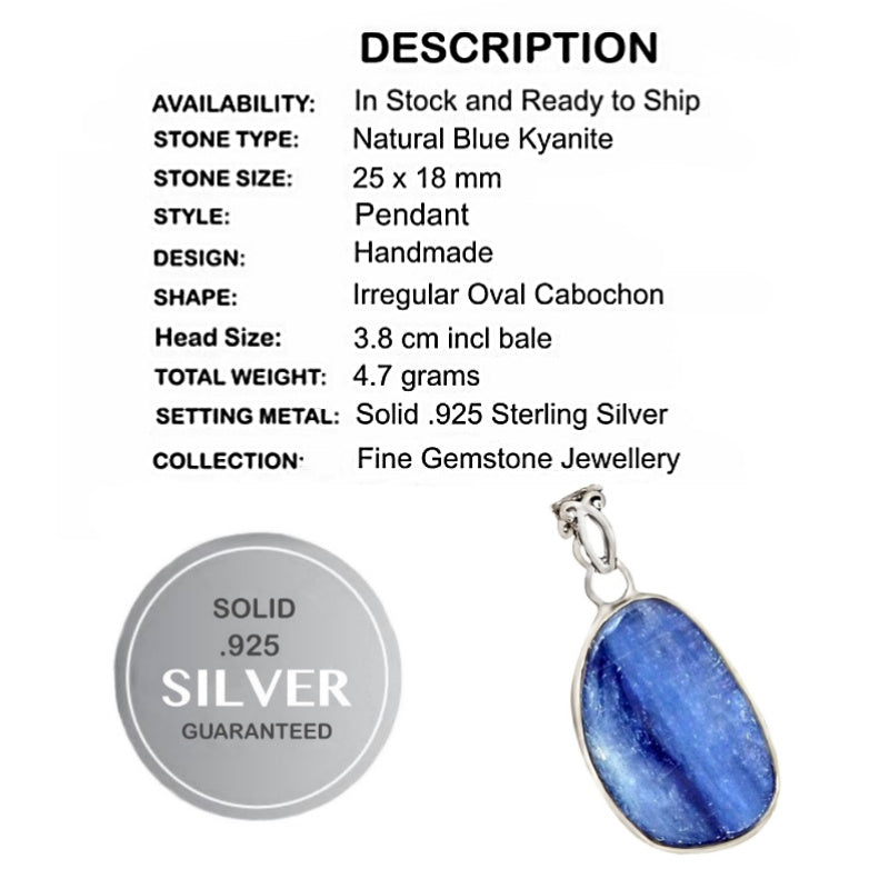 Natural Blue Kyanite Gemstone Solid .925 Sterling Silver Pendant