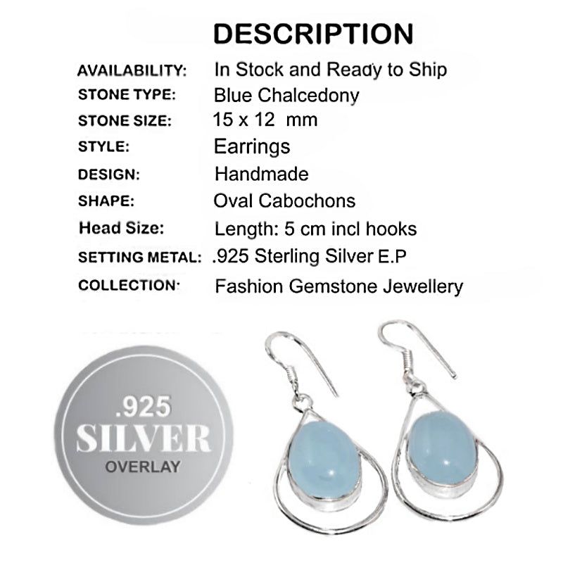 Blue Chalcedony Oval Cabochons Gemstone,.925 Sterling Silver Earrings