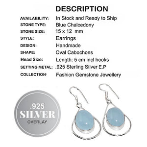 Blue Chalcedony Oval Cabochons Gemstone,.925 Sterling Silver Earrings