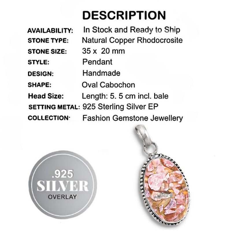 Natural Copper Rhodochrosite Gemstone .925 Sterling Silver Pendant