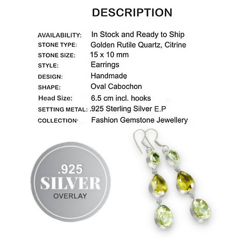 Faceted Citrine, Golden Rutile Quartz set in .925 Sterling Silver Plated Earrings