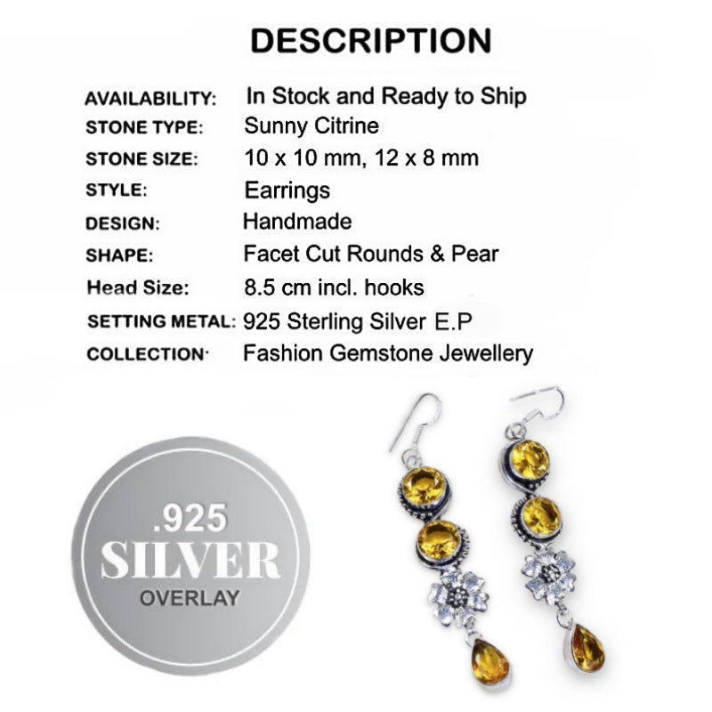 Faceted Citrine Long Floral accent set in .925 Sterling Silver Earrings