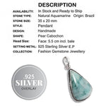 Handmade Natural Aquamarine Pear 925 Sterling Silver Pendant