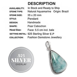 Handmade Natural Aquamarine Pear 925 Sterling Silver Pendant