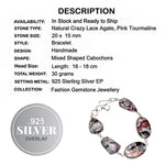 Natural Crazy Lace Agate, Pink Tourmaline Gemstone .925 Sterling Silver Bracelet