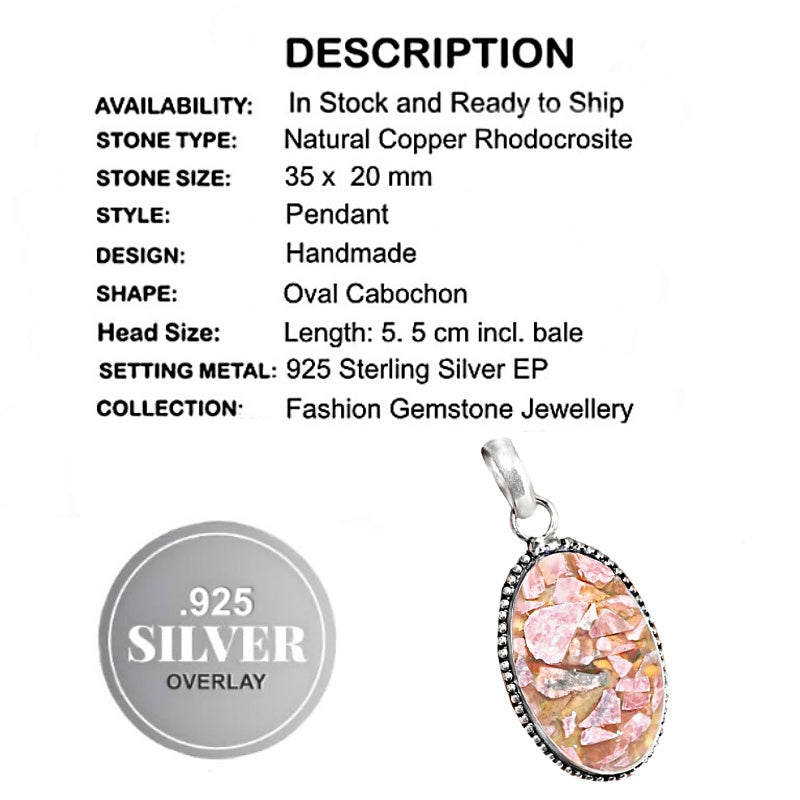 Natural Copper Rhodochrosite Gemstone .925 Sterling Silver Pendant